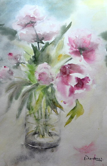 Peinture intitulée "Pivoines roses (50…" par Jocelyne Chauveau, Œuvre d'art originale, Aquarelle