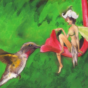 Painting titled "Fairy and Hummingbi…" by Joe Pegasus, Original Artwork, Pastel