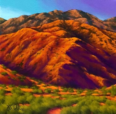 Painting titled "Sunset Mountain Glow" by Joe A. Oakes, Original Artwork, Acrylic Mounted on Wood Stretcher frame