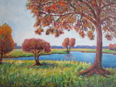 Painting titled "le vieil arbre et l…" by Joel Jeanniot, Original Artwork, Oil Mounted on Wood Stretcher frame