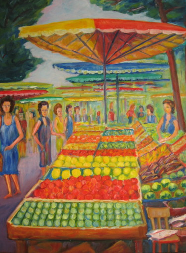 Malerei mit dem Titel "marché  à   Toulon" von Joel Jeanniot, Original-Kunstwerk, Öl