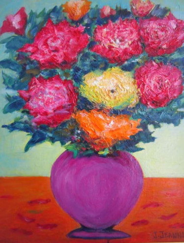Painting titled "bouquet de roses au…" by Joel Jeanniot, Original Artwork, Oil