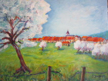 Painting titled "Printemps  à  Arbec…" by Joel Jeanniot, Original Artwork, Oil Mounted on Wood Stretcher frame