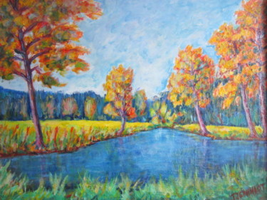 Painting titled "Etang  vers  Ecroma…" by Joel Jeanniot, Original Artwork, Oil Mounted on Wood Stretcher frame