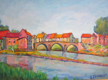 Painting titled "Derrière le  pont à…" by Joel Jeanniot, Original Artwork, Oil Mounted on Wood Stretcher frame