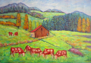 Schilderij getiteld "Quelques vaches à…" door Joel Jeanniot, Origineel Kunstwerk, Olie