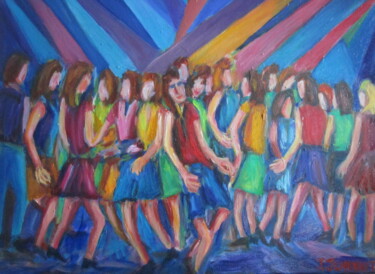 Painting titled "La discothèque" by Joel Jeanniot, Original Artwork, Oil Mounted on Wood Stretcher frame