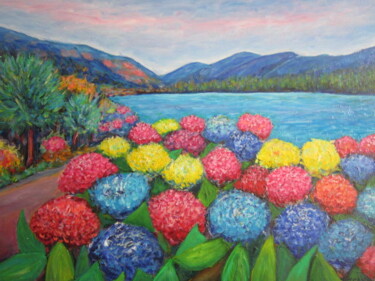 Картина под названием "hortensias  au  lac…" - Joel Jeanniot, Подлинное произведение искусства, Масло Установлен на Деревянн…