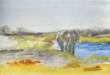 Painting titled "Poor lonesome eleph…" by Joele Ardans, Original Artwork, Watercolor