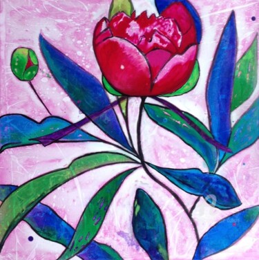 Painting titled "Pivoine I" by Joëlle Dubois, Original Artwork, Acrylic