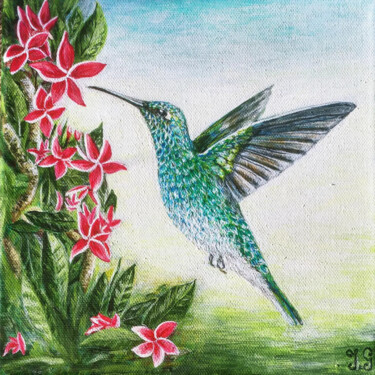 Painting titled "Colibri à ventre bl…" by Joëlle Gerardi, Original Artwork, Acrylic Mounted on Wood Stretcher frame