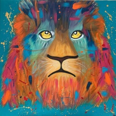 Malarstwo zatytułowany „Lion Pop Art” autorstwa Joëlle Marjollet, Oryginalna praca, Akryl