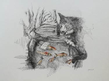 Dessin intitulée "chat aux poissons r…" par Joelle Morisset, Œuvre d'art originale, Encre