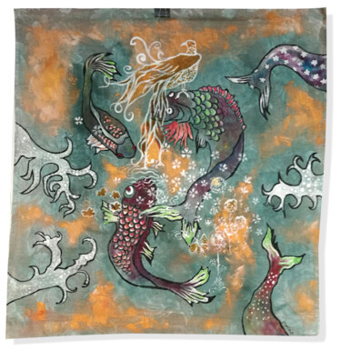 Textilkunst mit dem Titel "la danse des poisso…" von Joelle Morisset, Original-Kunstwerk, Acryl