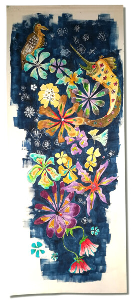 Arte textil titulada "tenture les fleurs…" por Joelle Morisset, Obra de arte original, Tinta