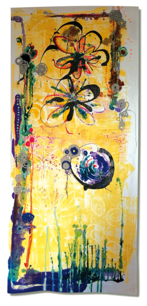 Arte textil titulada "tenture deux fleurs…" por Joelle Morisset, Obra de arte original, Acrílico