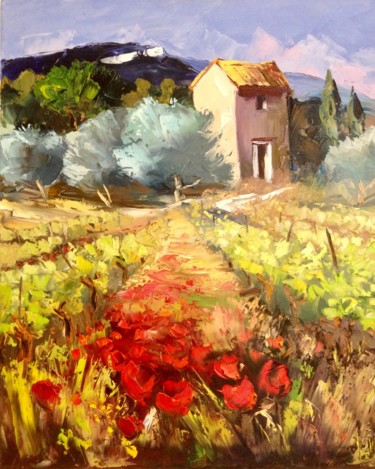 Painting titled "LE MAS DANS LES VIG…" by Jam, Original Artwork, Oil