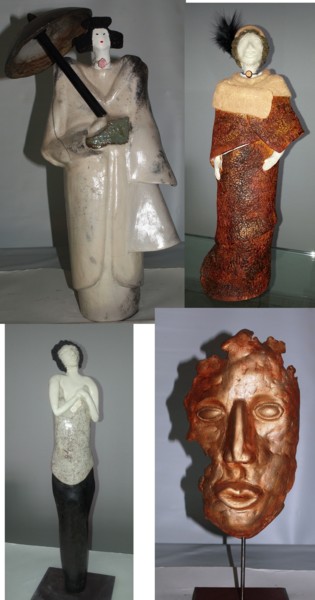Sculpture intitulée "statuettes et masque" par Joëlle Thanel, Œuvre d'art originale, Céramique