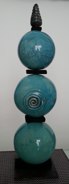 Sculpture intitulée "totem turquoise RAKU" par Joëlle Thanel, Œuvre d'art originale, Céramique