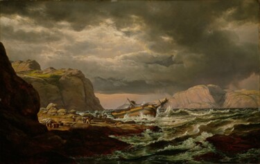 Schilderij getiteld "Shipwreck on the No…" door Johan Christian Dahl, Origineel Kunstwerk, Olie