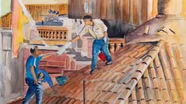 Peinture intitulée "Dachdecker in Noto…" par Johann Krammer, Œuvre d'art originale, Aquarelle