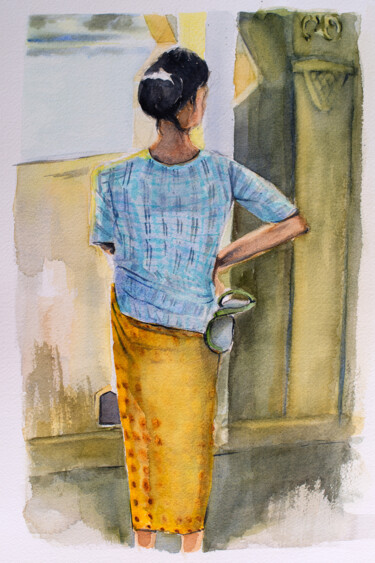 Pintura intitulada "Frau in Myanmar" por Johann Krammer, Obras de arte originais, Aquarela