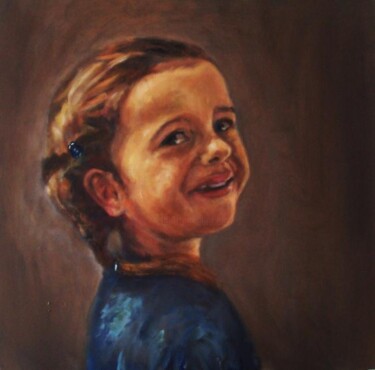 Painting titled "meisje met blauw ha…" by Johanna De Groot, Original Artwork, Oil