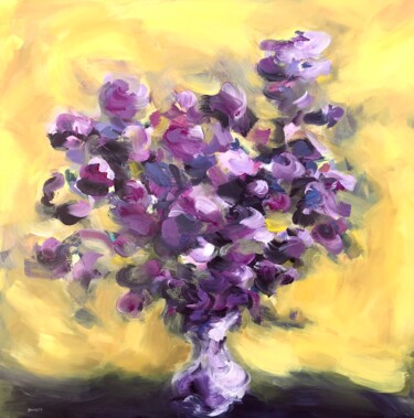 Malerei mit dem Titel "Iris sur fond jaune" von Johanne Spinella, Original-Kunstwerk, Acryl