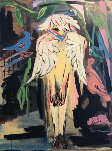 Schilderij getiteld "La femme et l'oiseau" door Johanne Proulx, Origineel Kunstwerk, Acryl