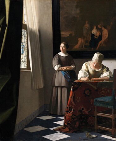 「Femme écrivant une…」というタイトルの絵画 Johannes Vermeerによって, オリジナルのアートワーク, オイル