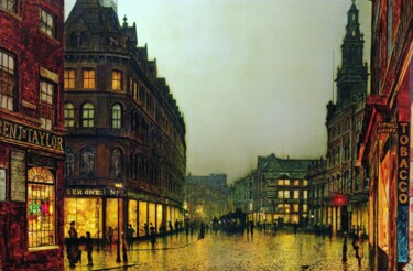 Painting titled ""Boar Lane", Leeds" by John Atkinson Grimshaw, Original Artwork, Oil