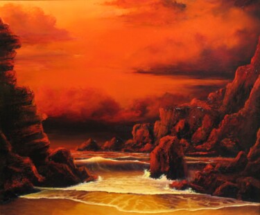 Painting titled "RED SKY SUNSET" by John Cocoris, Original Artwork, Oil