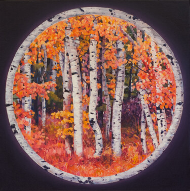 Painting titled "Birches. Pink and o…" by John Hancock, Original Artwork, Oil Mounted on Wood Stretcher frame