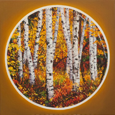 Painting titled "Birches. Red and ye…" by John Hancock, Original Artwork, Oil Mounted on Wood Stretcher frame