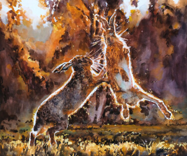 Painting titled "Boxing Hares" by John Hancock, Original Artwork, Watercolor