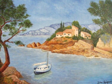 Painting titled "Les Calanques" by John Regnier, Original Artwork, Oil Mounted on Wood Stretcher frame