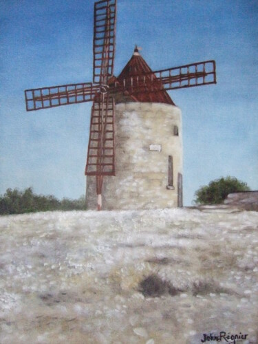 Painting titled "Moulin d'Alphonse D…" by John Regnier, Original Artwork, Oil Mounted on Wood Stretcher frame