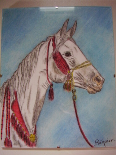 Tekening getiteld "Pur-sang arabe" door John Regnier, Origineel Kunstwerk, Pastel Gemonteerd op Glas