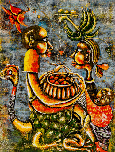 Incisioni, stampe intitolato "The market day II" da John Silver Kimani, Opera d'arte originale, Xilografia