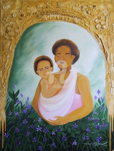 Painting titled "Mother & Child Aetas" by Johnny E.S.J. Otilano, Original Artwork, Oil
