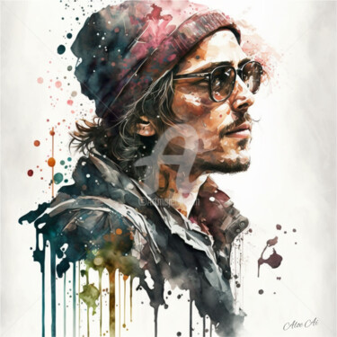 Digital Arts titled "Johnny Depp Waterco…" by Aloe Ai, Original Artwork, Watercolor