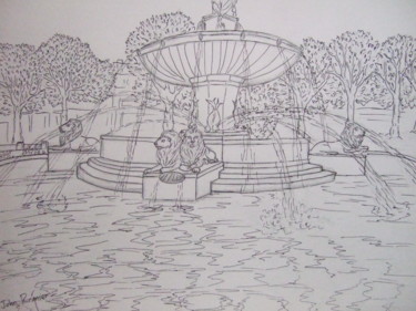 Fontaine de la Rotonde, Aix-en-Provence - (24x30cm) Dessin intitulée "Fontaine de la Roto…" par John Regnier, Œuvre d'art originale, Crayon