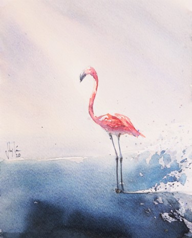 Ζωγραφική με τίτλο "Flamingo" από Johny Vieira, Αυθεντικά έργα τέχνης, Ακουαρέλα