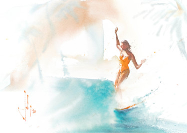 Painting titled "Ambre Sliding in th…" by Johny Vieira, Original Artwork, Watercolor