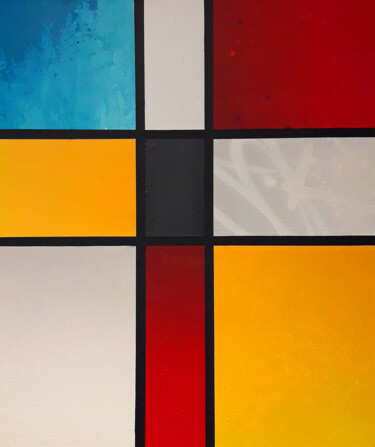Painting titled "Street Mondrian 2" by Jok, Original Artwork, Acrylic Mounted on Wood Stretcher frame