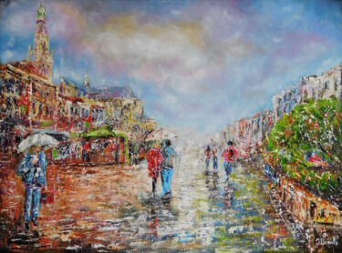 Painting titled "A rainy day in Breda" by Joke Bennis, Original Artwork, Oil Mounted on Wood Stretcher frame