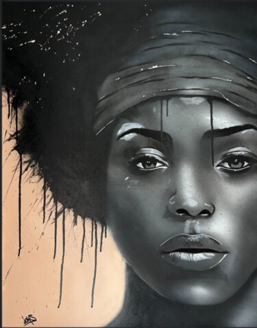 Malerei mit dem Titel "Afro" von Joks, Original-Kunstwerk, Sprühfarbe Auf Keilrahmen aus Holz montiert