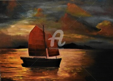 Peinture intitulée "coucher de soleil r…" par Joky, Œuvre d'art originale, Huile