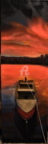 Peinture intitulée "Red kayak landscape…" par Joky, Œuvre d'art originale, Huile