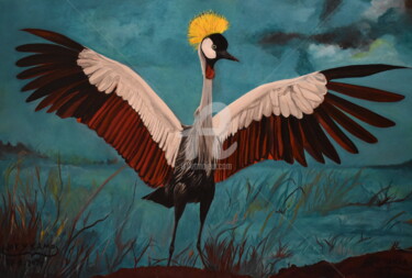 Painting titled "Birds crowned royal…" by Joky, Original Artwork, Oil